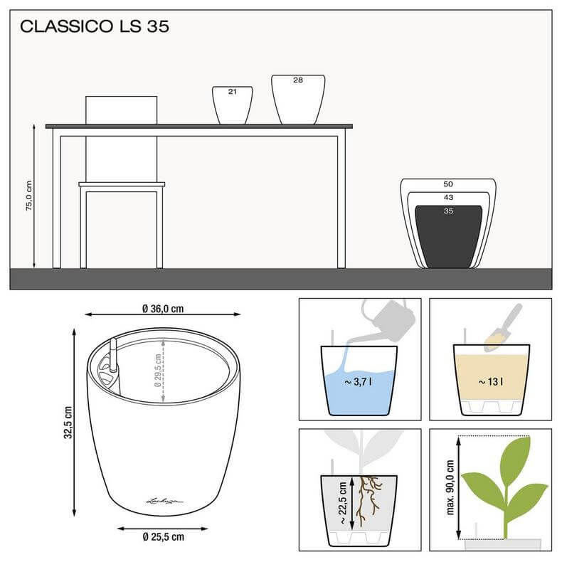 Размеры Lechuza Classico LS 35 Черный